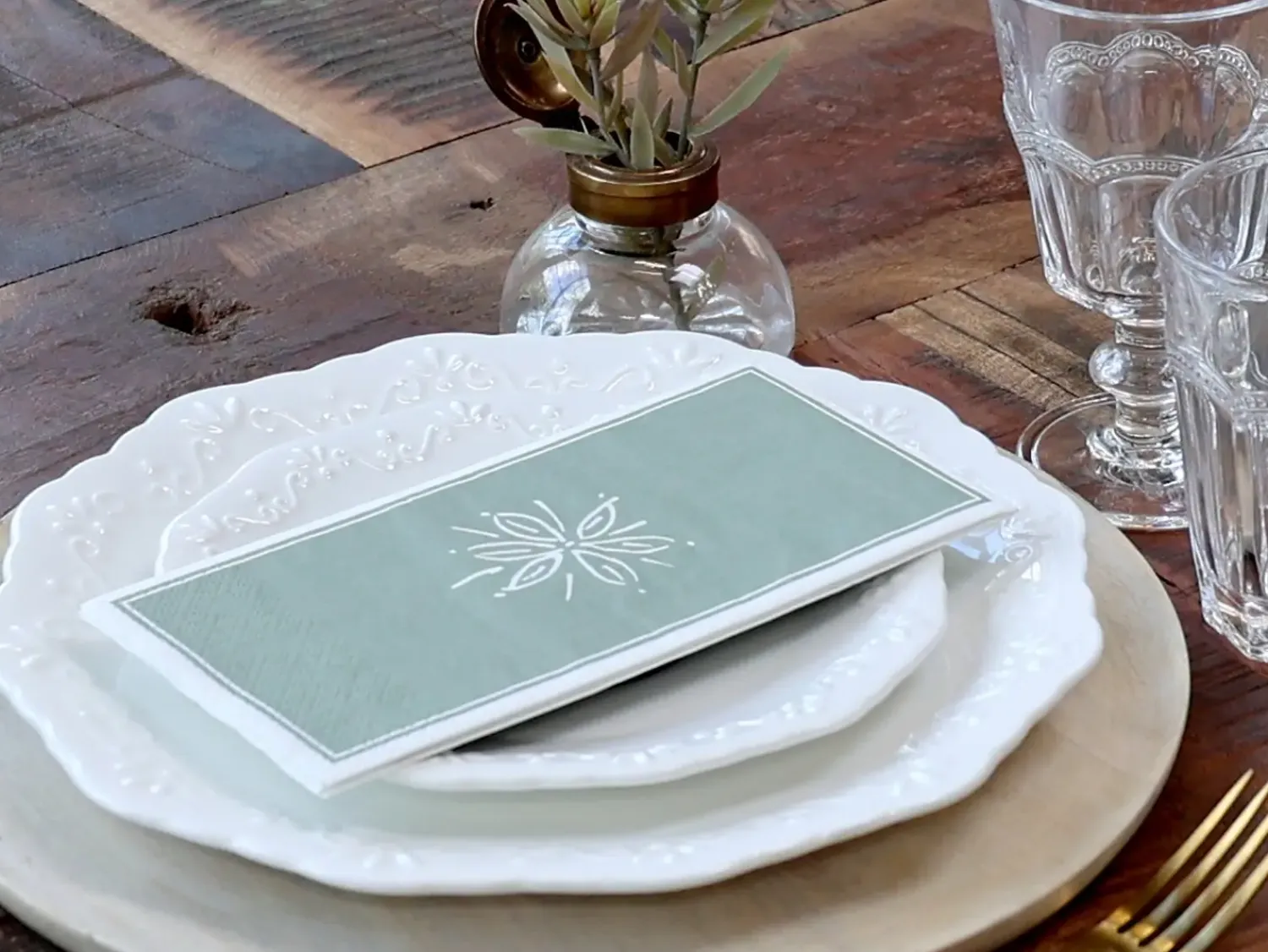 - Serviet - Blomst - 20x10 cm - Verte*Chic Antique Outlet