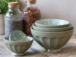 - Skåle - Arés Latteskål m. mønster - Sæt af 5 stk. - Grøn / Oliven*Chic Antique New