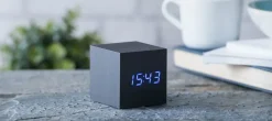 - Wooden Cube Click Clock Black / Blue LED^Gingko Online