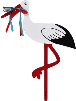- Fødselsstork i træ med rødt og blåt bånd, stor, 80 cm.^Magni Hot
